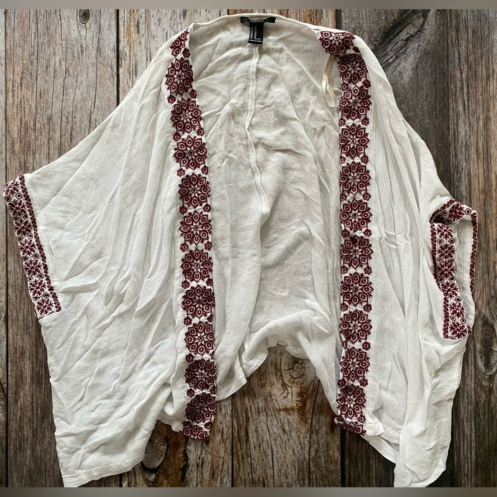 Beautiful white shawl size medium with maroon embroidered sleeves and pattern